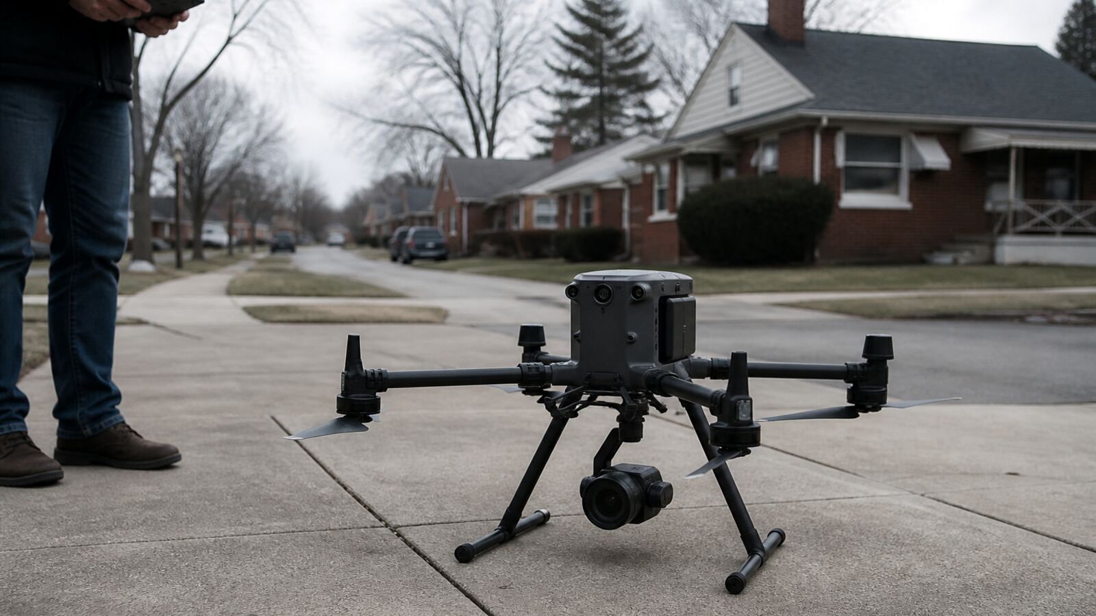 Camera drone on a driveway, ready for a Detroit Metro listing flight.