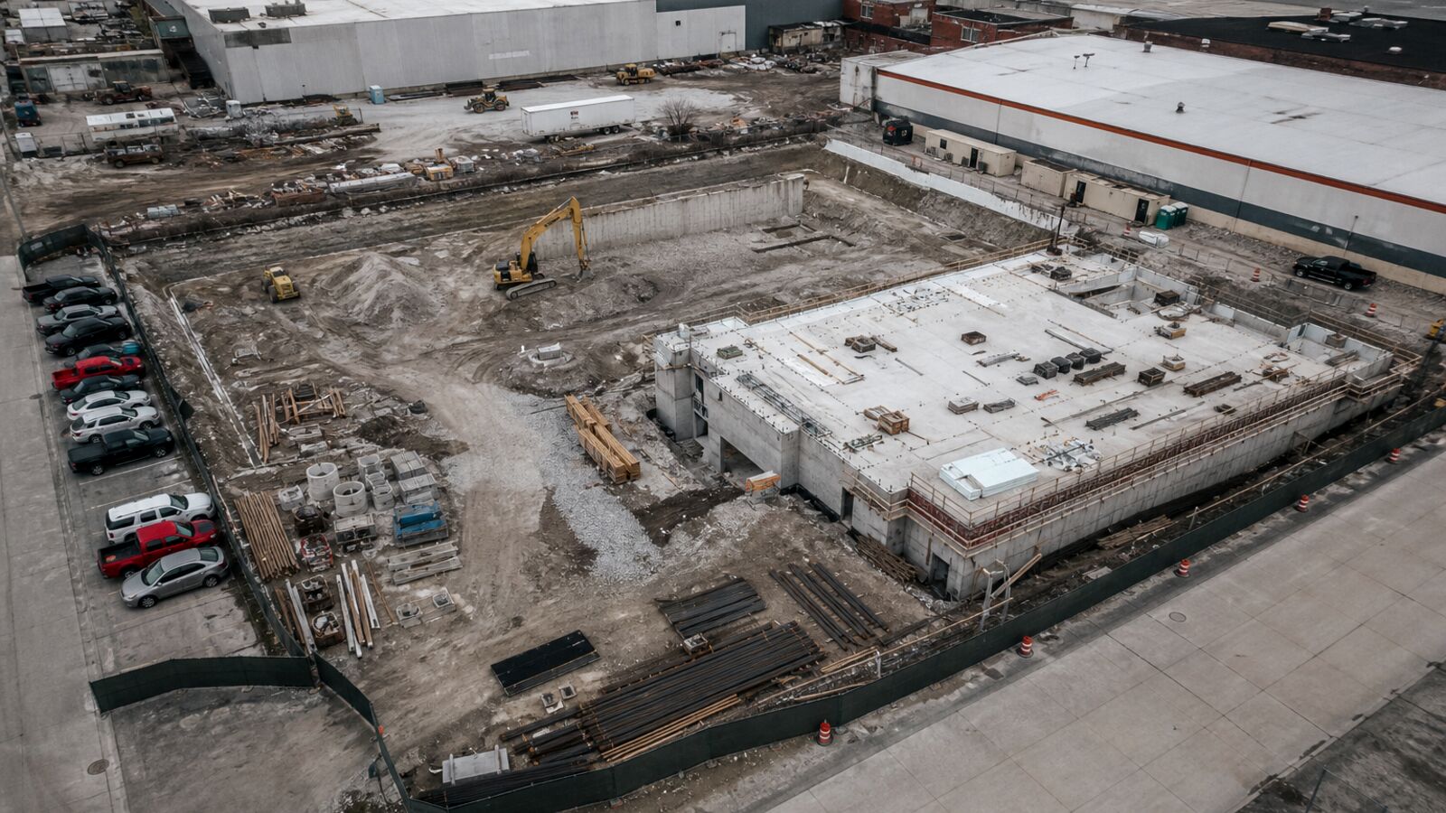 Aerial of a Detroit Metro construction job site with excavated earth and equipment.