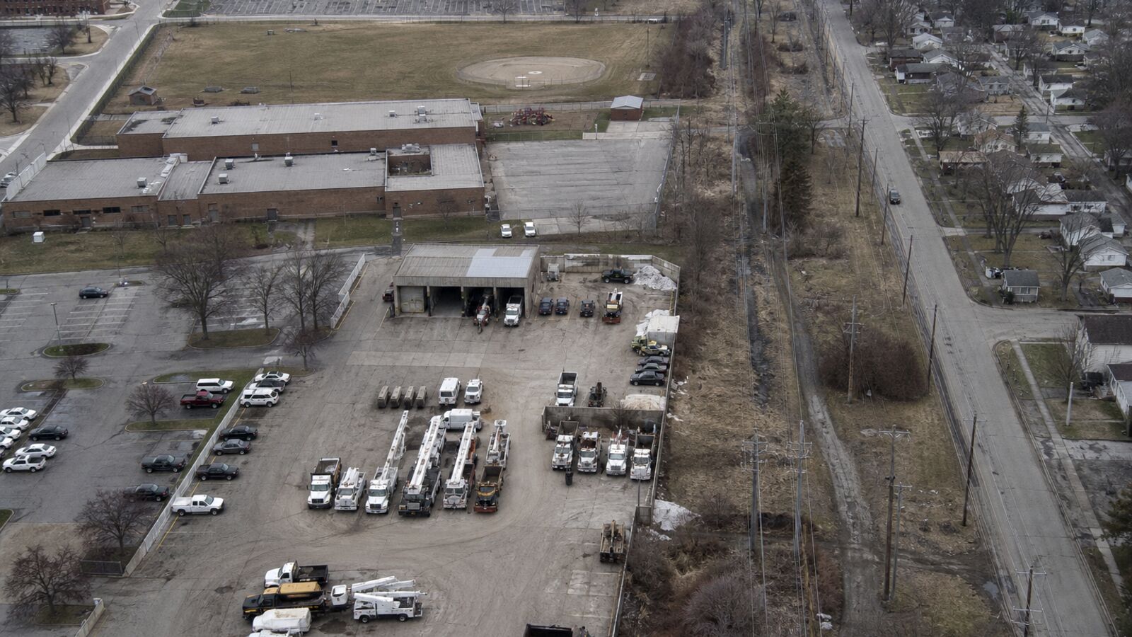 Municipal facility campus and parking from above.