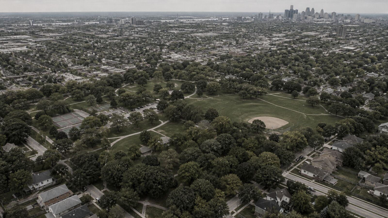 City park with paths and trees from above.