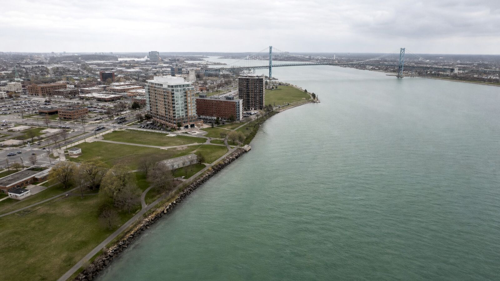Detroit Metro waterfront and shoreline aerial.